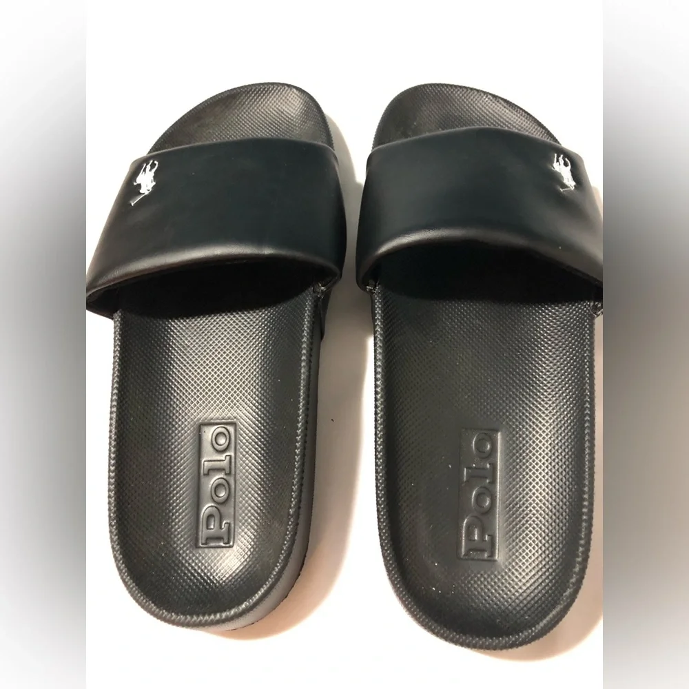 Polo Ralph Lauren mens cayson black slides white pony sz 9 pool beach gym shoes
